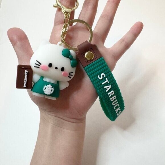 Starbucks Hello Kitty Keychain Green Apron Book Sanrio Collab Strap - Picture 6 of 7